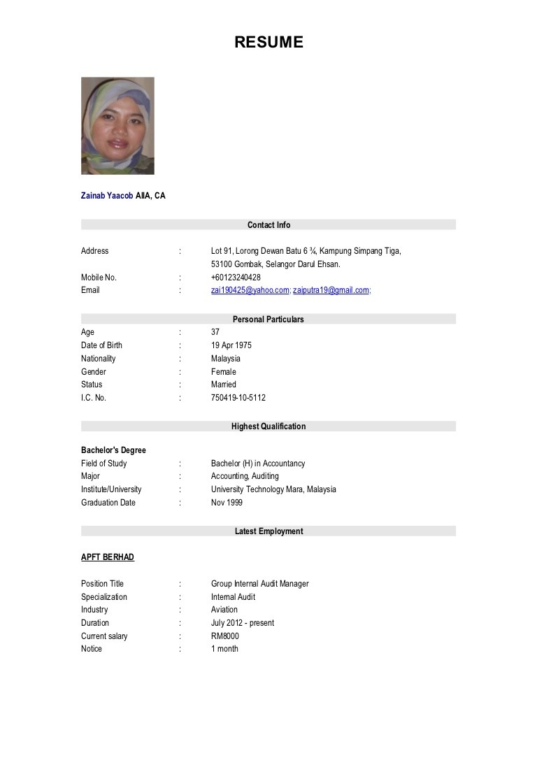 Sample of good resume for job application
